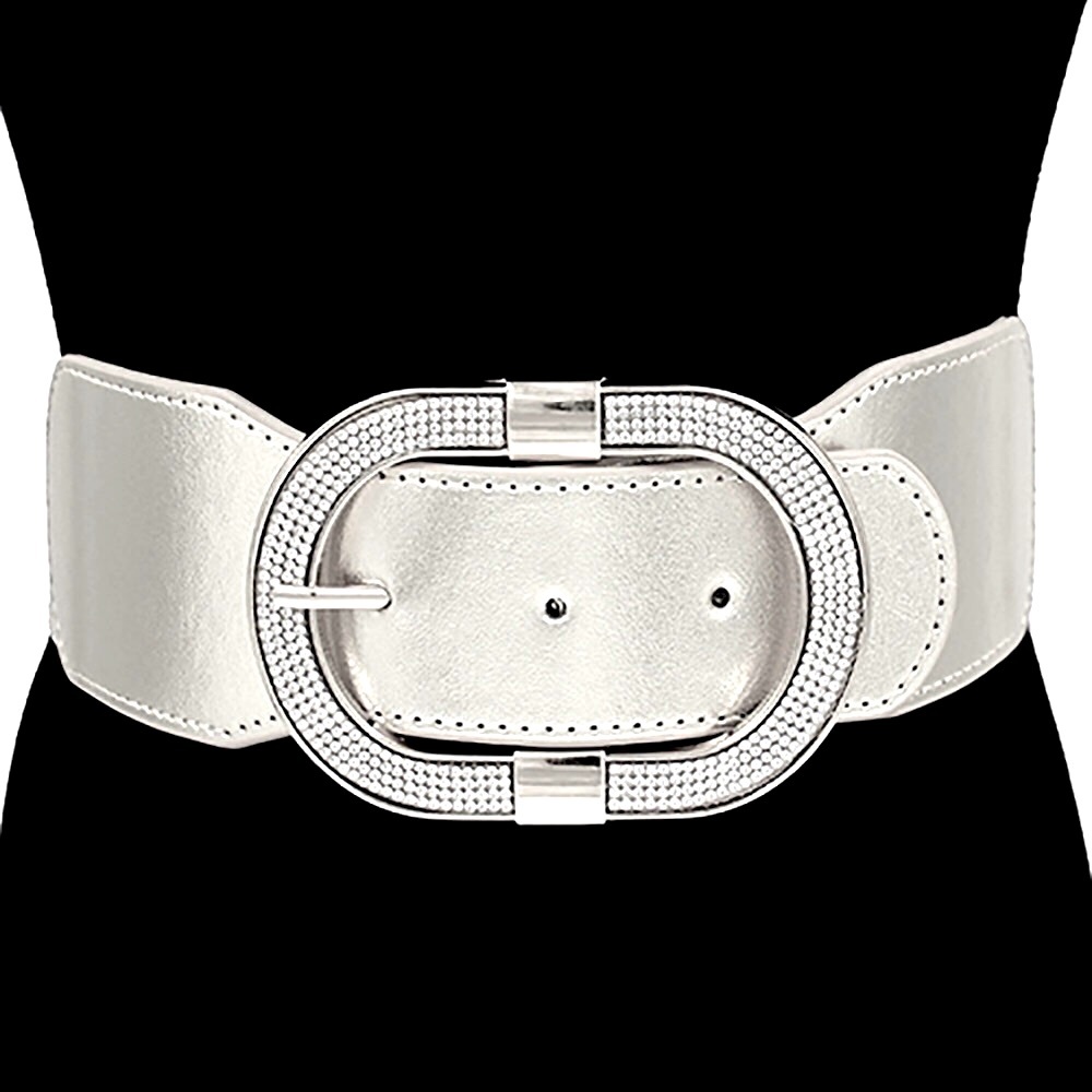 Paved Rhinestone Open Oval Buckle Accented Elastic Statement Belt